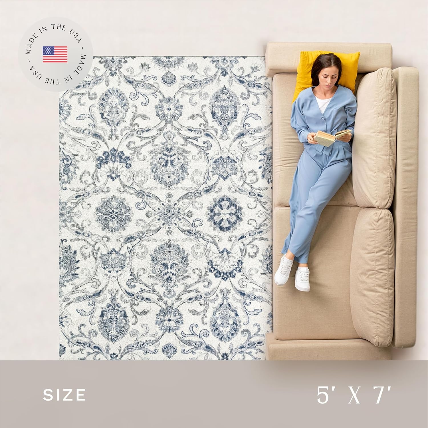 Blooming Damask Area Rugs Carpet for Living Room & Bedroom [Made in USA], 5 X 7, Grey/Blue