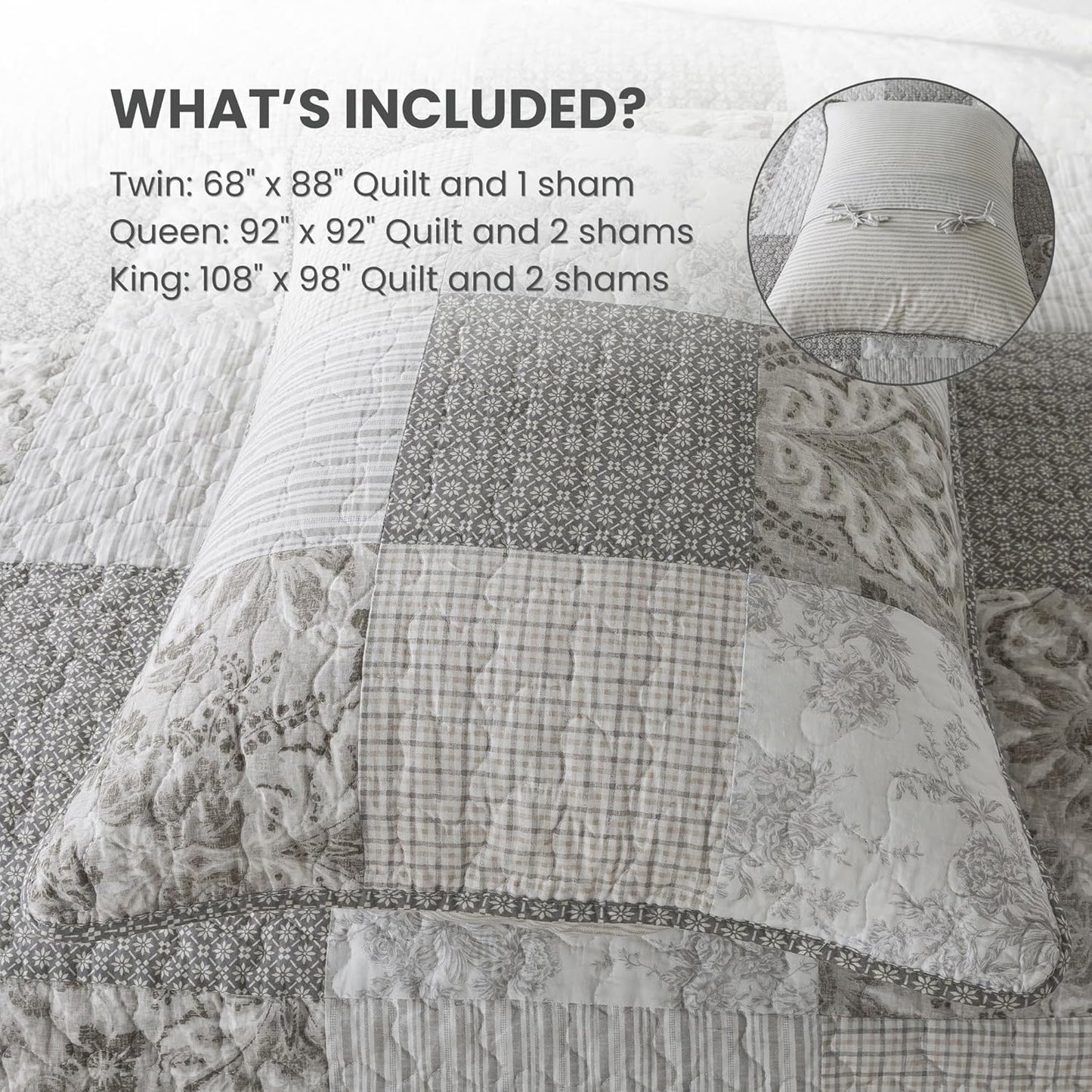 Silver Linings Cotton Quilt Set - Queen Size with 2 Shams, Neutral Pieced Patchwork Design, Country Silver Gray Quilted Comforter, Lightweight Summer Farmhouse Bedspread