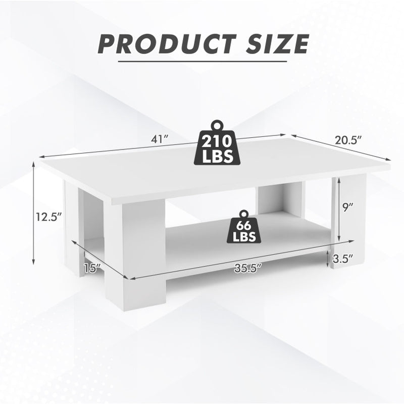 Large 41 Inch 2-Tier Wooden Modern Coffee Table with Storage Shelf