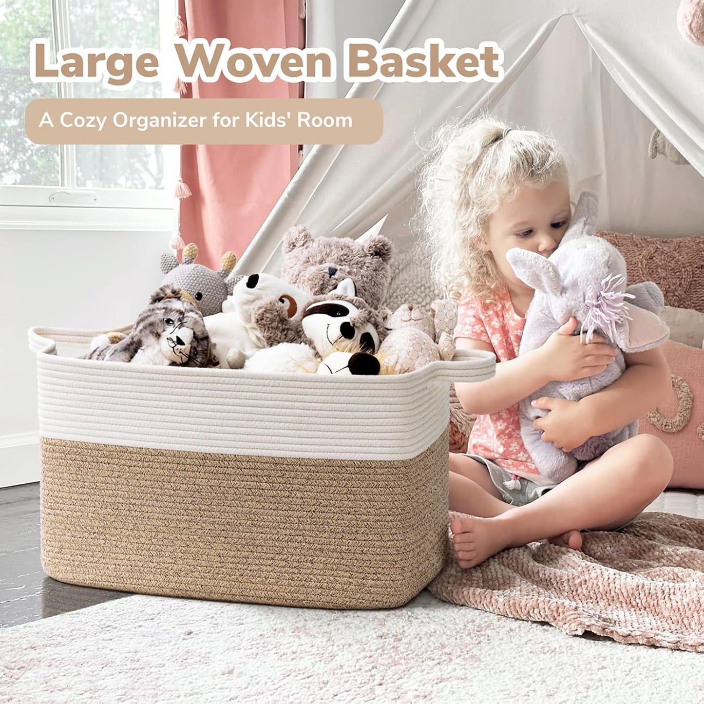 Large Woven Rope Blanket Basket, Rectangle, White & Light Brown | 21.6" × 14.9" × 11.8" Storage Basket for Pillows & Toys Laundry, Nursery & Living Room Organization, Reinforced Handles