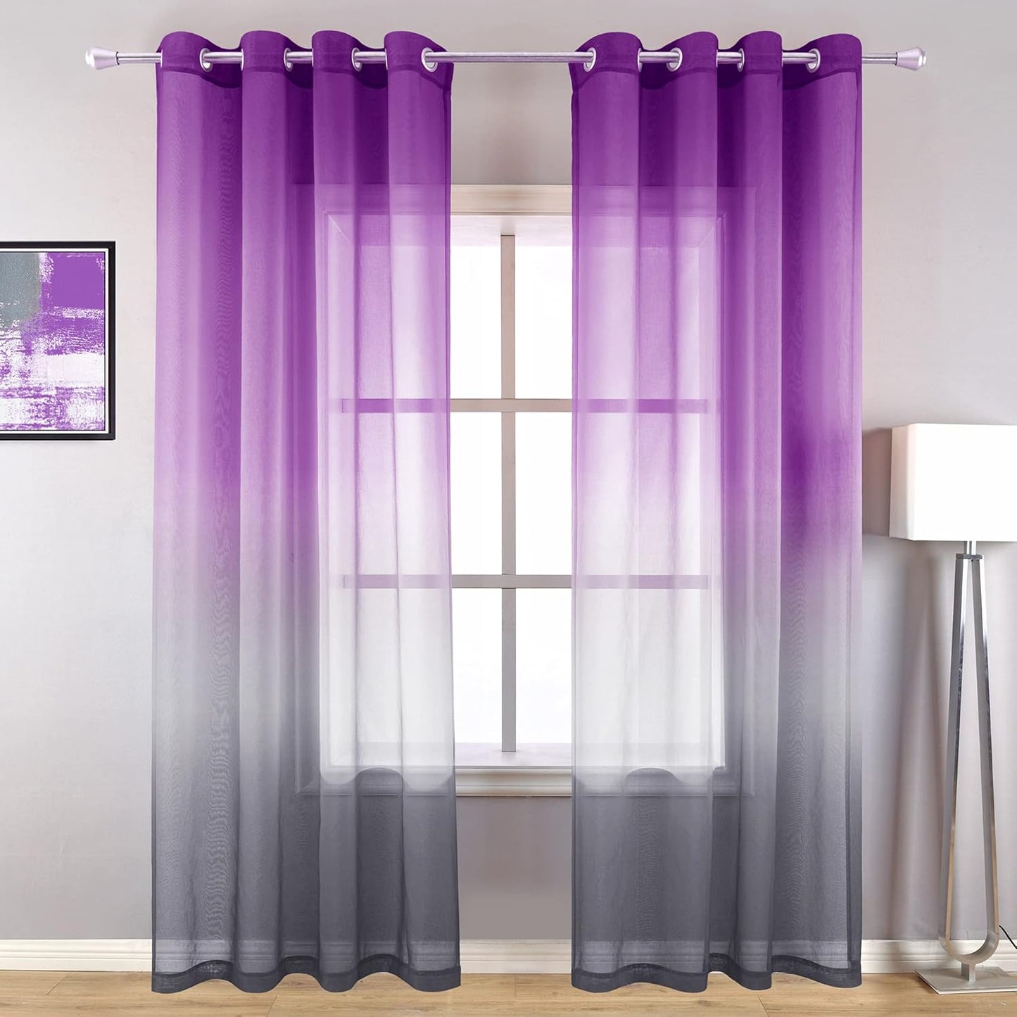 Purple and Grey Curtain Panels 84 Inches Long for Bedroom Set of 2 Sheer Ombre Light Dark Purple Room Decor for Living Room Gray