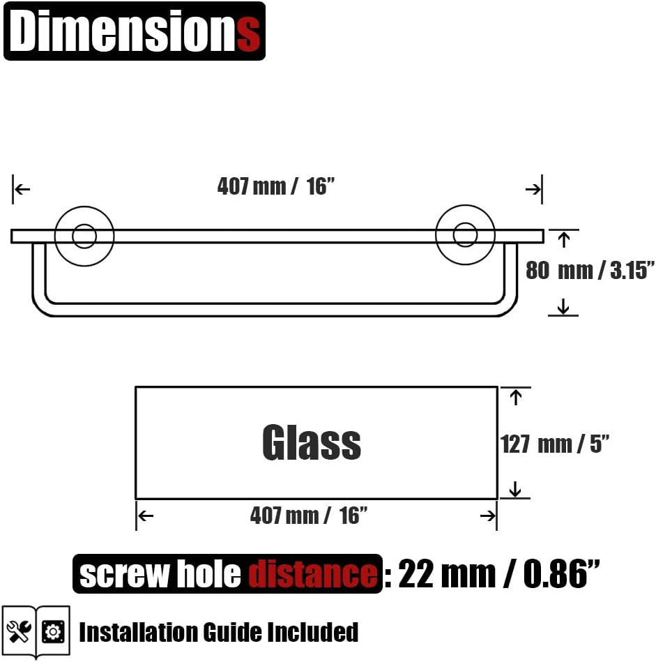 Bathroom Glass Shelf, Shelf with 15 Inch Towel Bar Tempered Glass Shower Storage 16 by 5 Inches, 304 Stainless Steel Brushed Finish Wall Mount, TGS100-BN