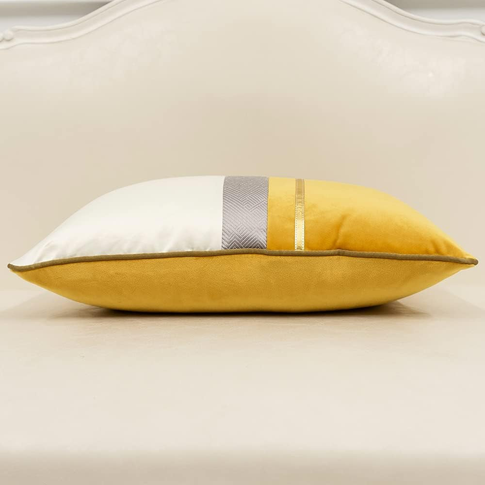 22 X 22 Inches Yellow White Gold Leather Striped Patchwork Velvet Cushion Case Luxury Modern Throw Pillow Cover Decorative Pillow for Couch Living Room Bedroom Car