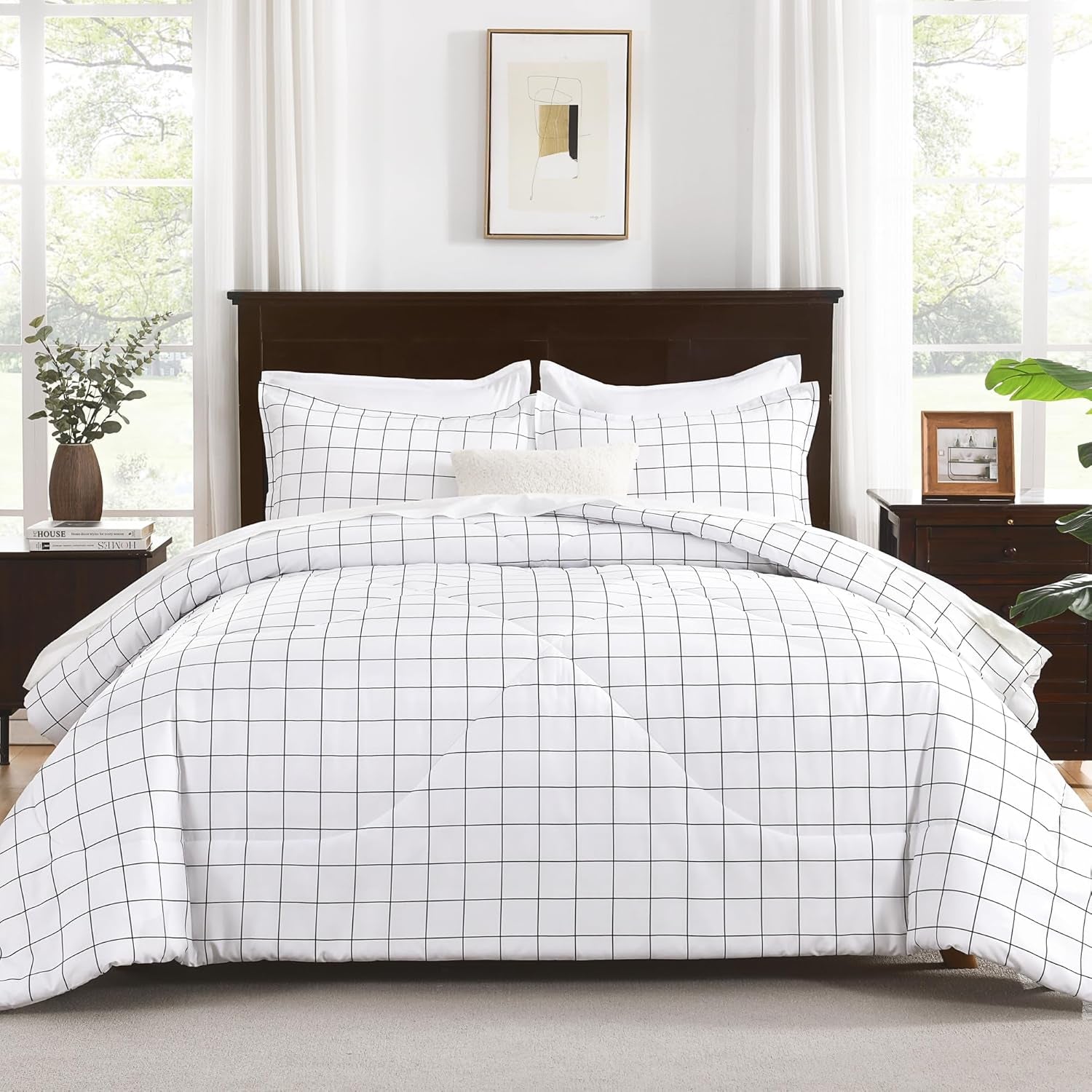 White Grid Comforter Set Queen Size (90X90 Inch), 3 Pieces(1 Grid Comforter and 2 Pillowcases), Summer Lightweight Microfiber down Alternative White Comforter with Black Lines