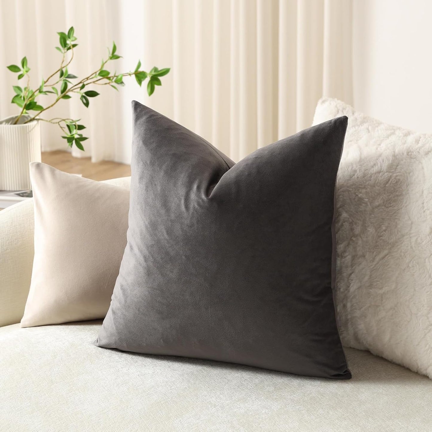 Throw Pillow Covers 16X16 Dark-Grey: 2 Pack Cozy Soft Velvet Square Decorative Pillow Cases for Farmhouse Home Decor