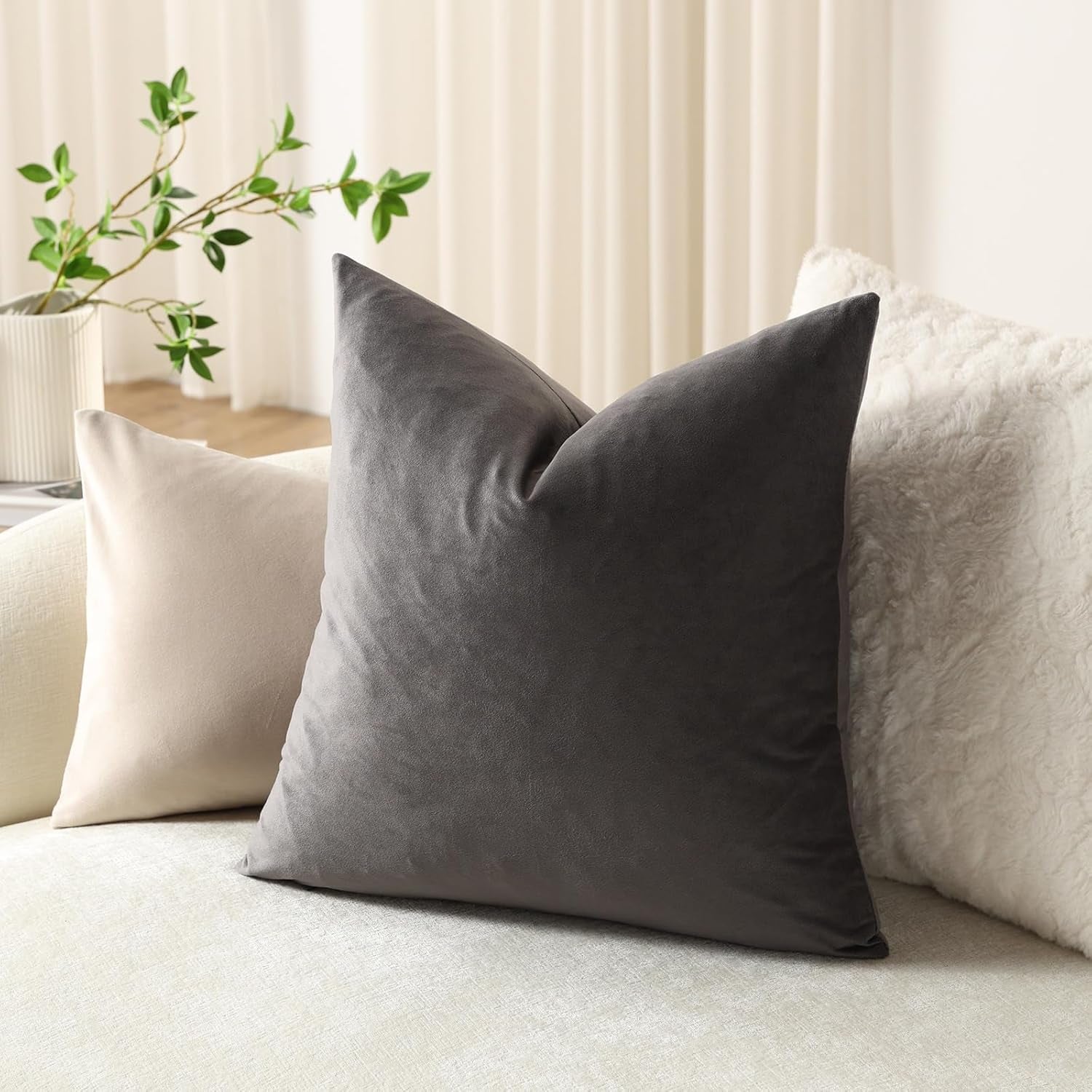 Throw Pillow Covers 16X16 Dark-Grey: 2 Pack Cozy Soft Velvet Square Decorative Pillow Cases for Farmhouse Home Decor