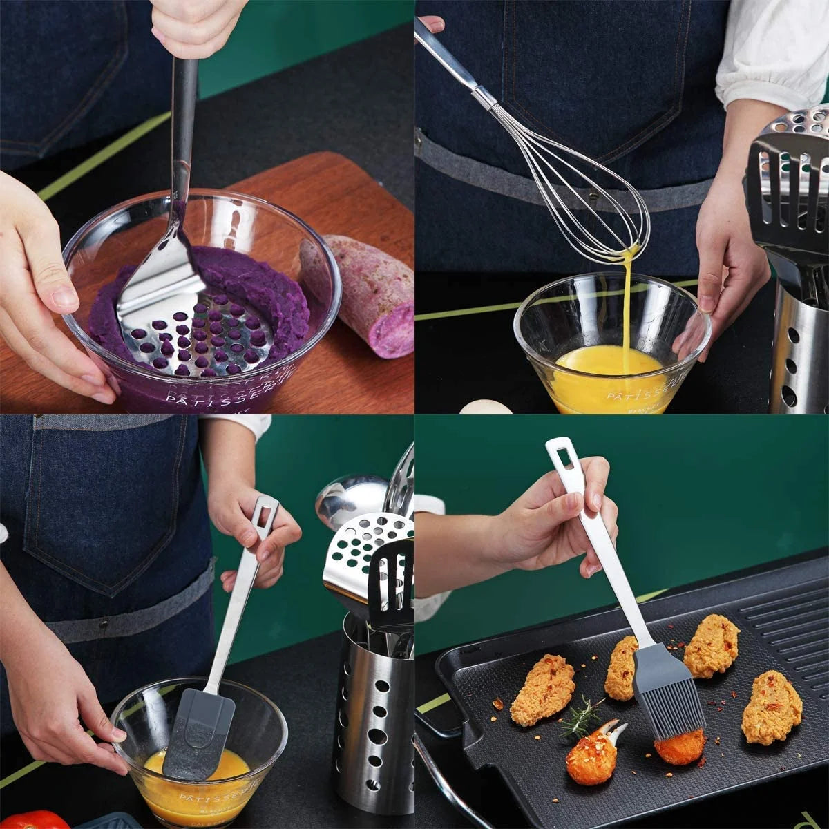 13 Pieces Shiny Stainless Steel Kitchen Utensils Set with Utensil Holder