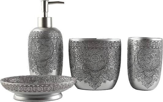 Bathroom Accessories Set,Toothbrush Holder,Farmhouse Bathroom Decor,4 Pcs Resin Gift Set Apartment Necessities, Contain Toothbrush Cup,Soap Dispenser,Soap Dish,Tumbler