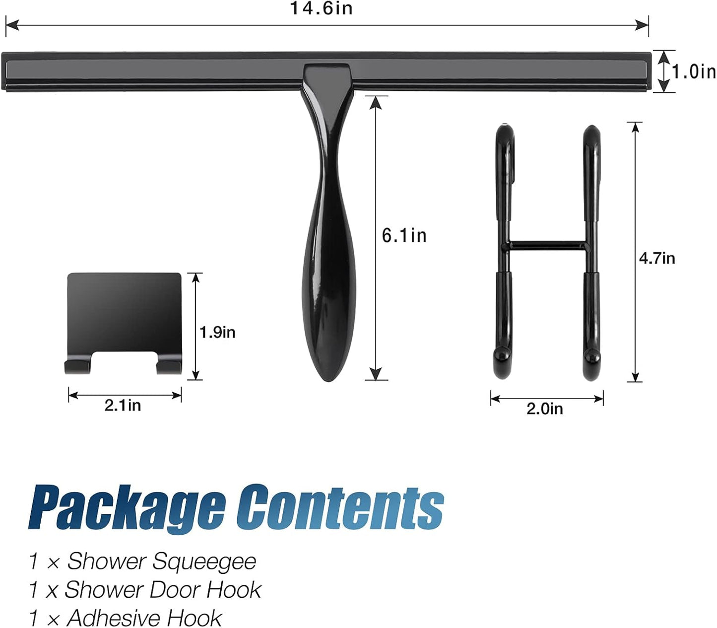 14-Inch Shower Squeegee Set, Includes Shower Door Hook and Adhesive Hook, Squeegee for Shower Doors, Mirror and Window, Black