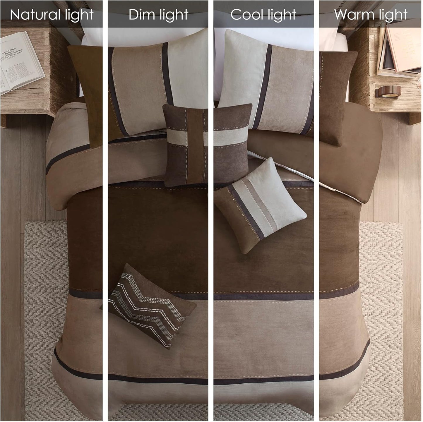 Palisades Comforter Set Modern Faux Suede Pieced Stripe Design, All Season down Alternative Cozy Bedding with Matching Shams, Decorative Pillows, King(104"X92"), Brown 7 Piece