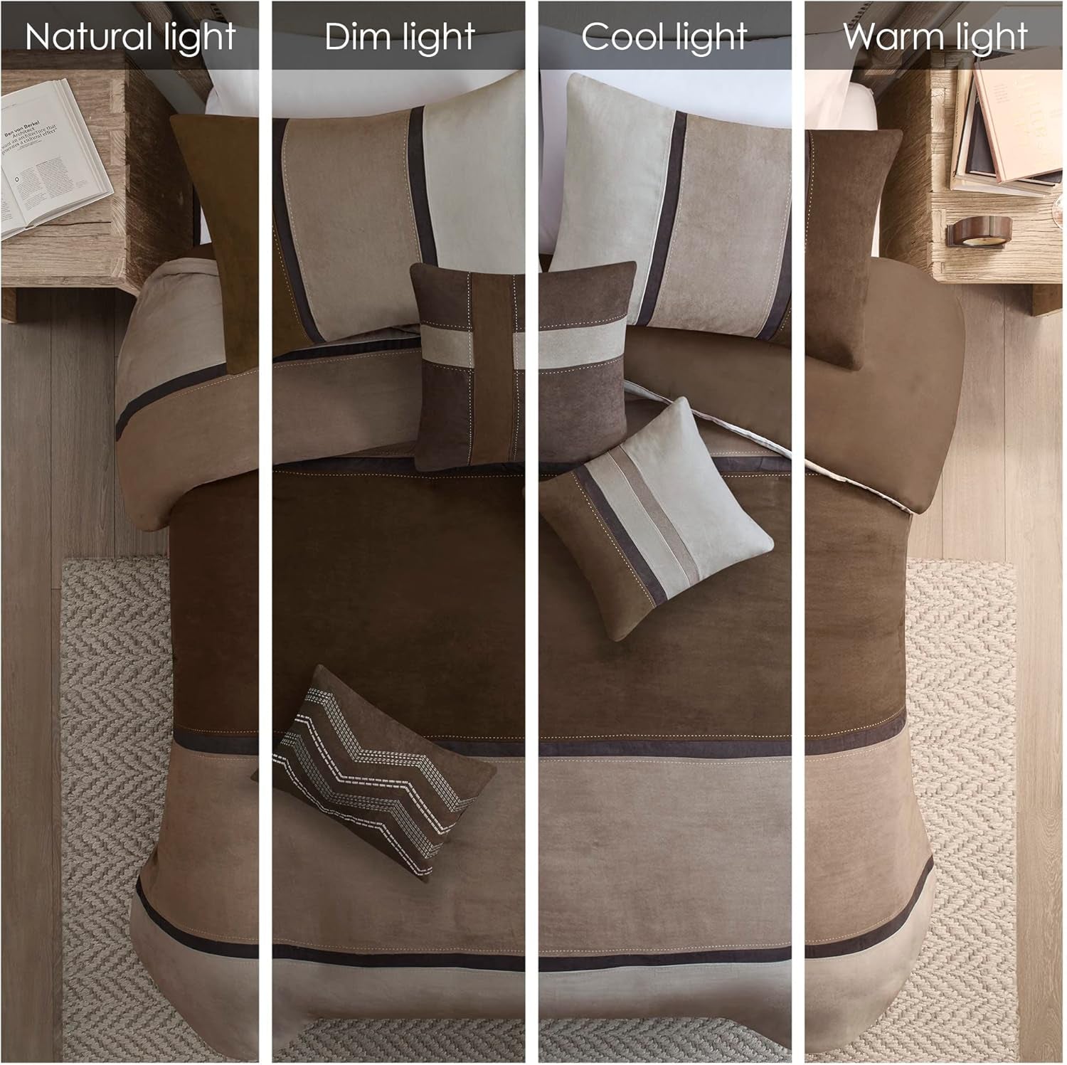 Palisades Comforter Set Modern Faux Suede Pieced Stripe Design, All Season down Alternative Cozy Bedding with Matching Shams, Decorative Pillows, King(104"X92"), Brown 7 Piece