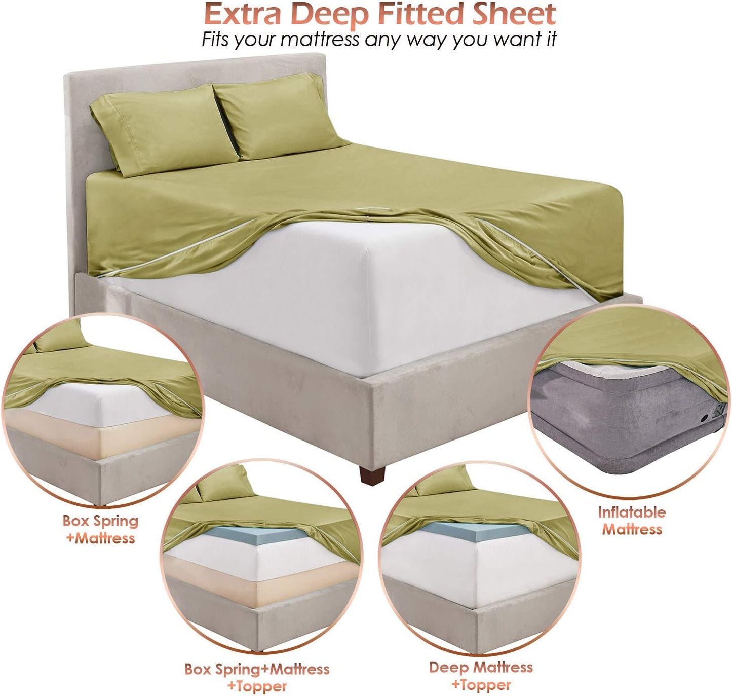 Luxury Soft 6 Piece Bed Sheet Set Extra Deep Pocket Fitted Sheets Fits Mattress up to 21", Double Brushed Bedding, Queen, Sage