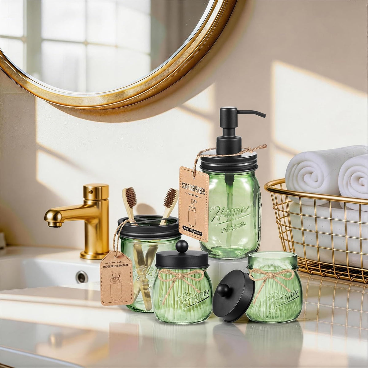 4PCS Bathroom Accessories Set, Green Glass Organizer Sets, Black | Lotion Soap Dispenser, Toothbrush Holder, 2 Qtip Holders, Rustic Farmhouse Decor for Countertop, Vanity, Bathroom Essentials