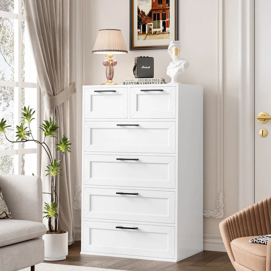 6 Drawer White Dresser, Tall Dresser for Bedroom Wood Storage Cabinet with Metal Handles