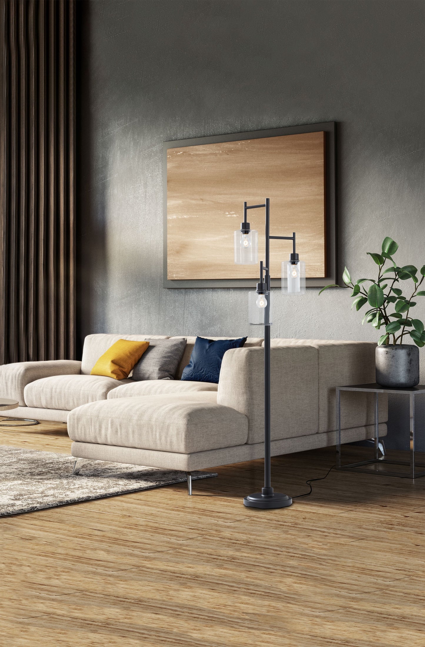 63.5 in 3 Light Contemporary Black Floor Lamp Clear Glass