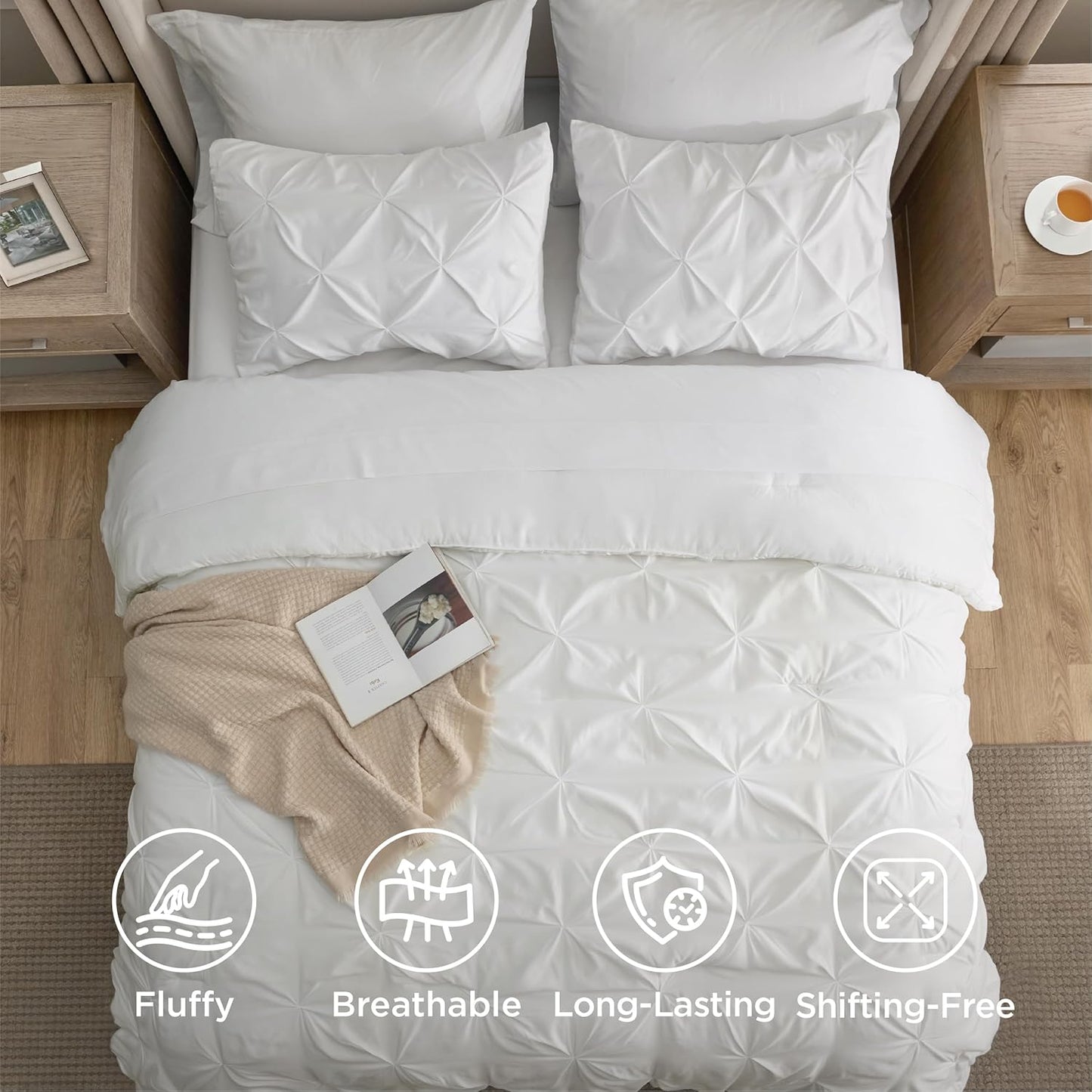 Twin Comforter Set White - Bed in a Bag Twin Size 5 Pieces, Gentlesoft™ Pintuck Bed Set Gift for Family, Pinch Pleat White Comforter with Sheets, Pillowcase & Sham