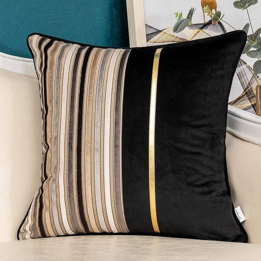 Black Striped Patchwork Throw Pillow Cover Gold Leather Cushion Cover Zippered Pillowcase for Sofa Couch Bedroom Living Room Home Decoration,18X18 Inch