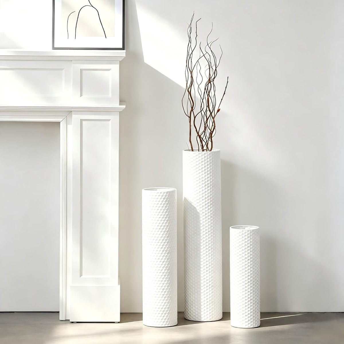 White Tall Floor Vase Set of 3, Metal Cylinder Vases for Corner, 27.6In