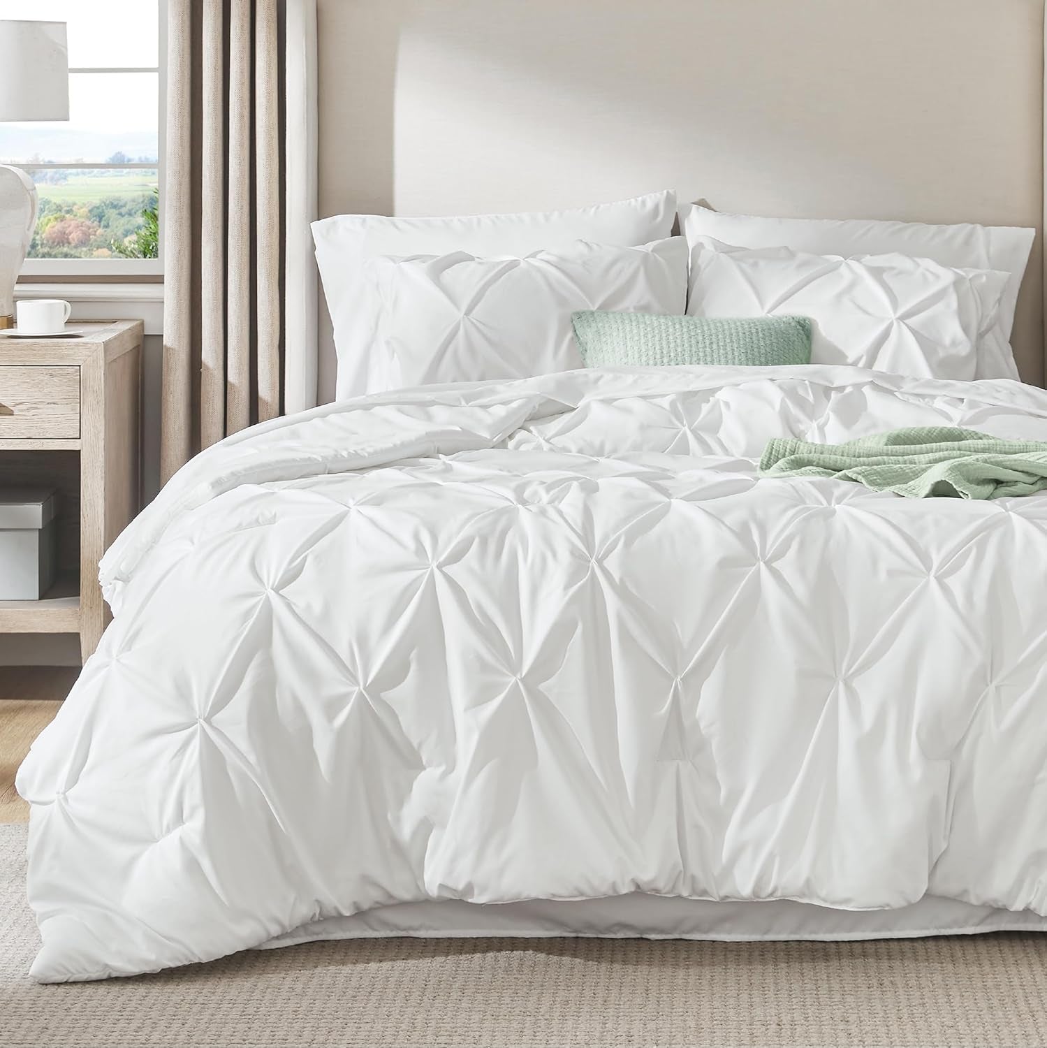 Twin Comforter Set White - Bed in a Bag Twin Size 5 Pieces, Gentlesoft™ Pintuck Bed Set Gift for Family, Pinch Pleat White Comforter with Sheets, Pillowcase & Sham