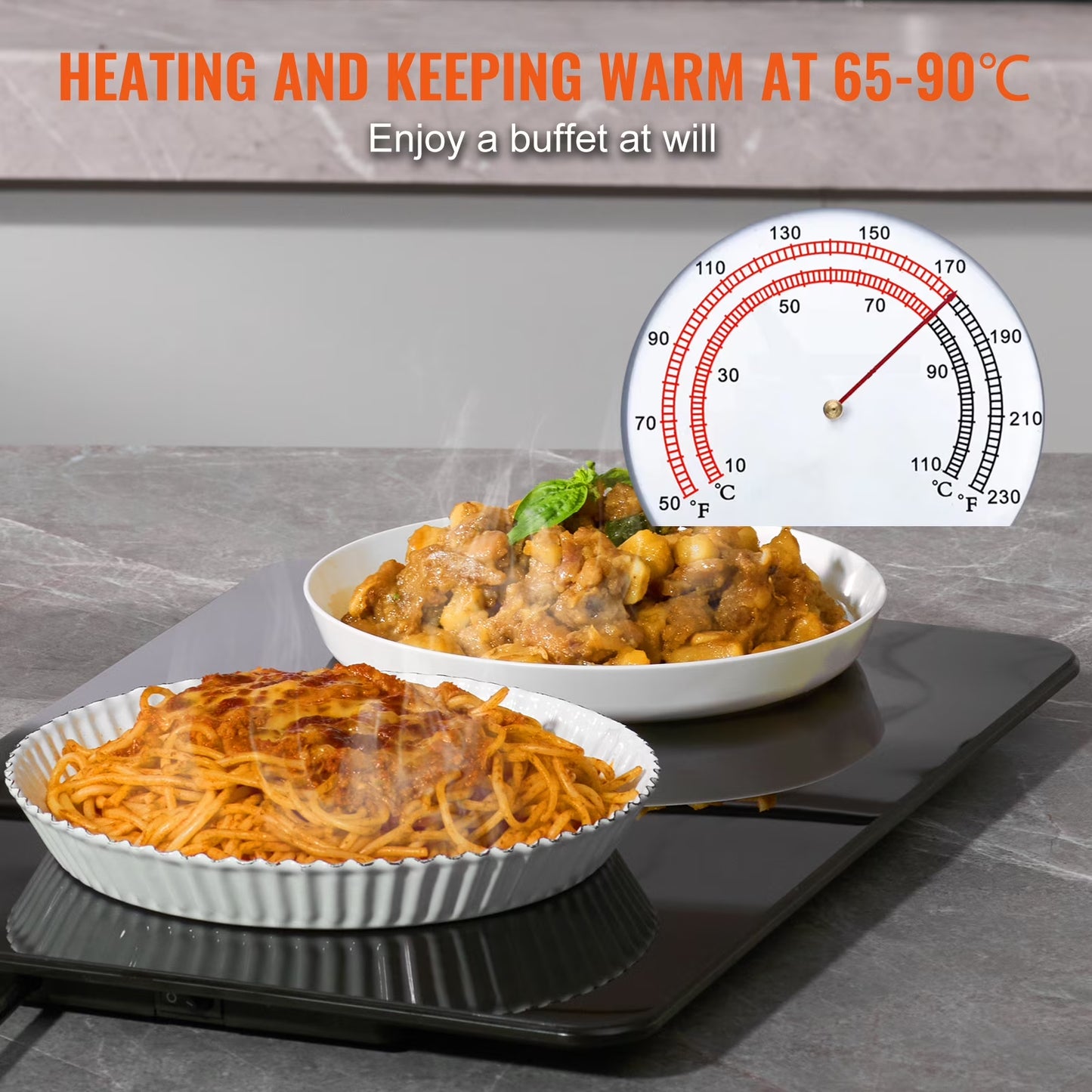 The Electric Warming Tray Is Equipped with a Knob to Adjust the Temperature for Long-Lasting and Continuous Heat Preservation. 23.6" X 16.5" Electric Food Buffet Server 100W Glass Warming Tray