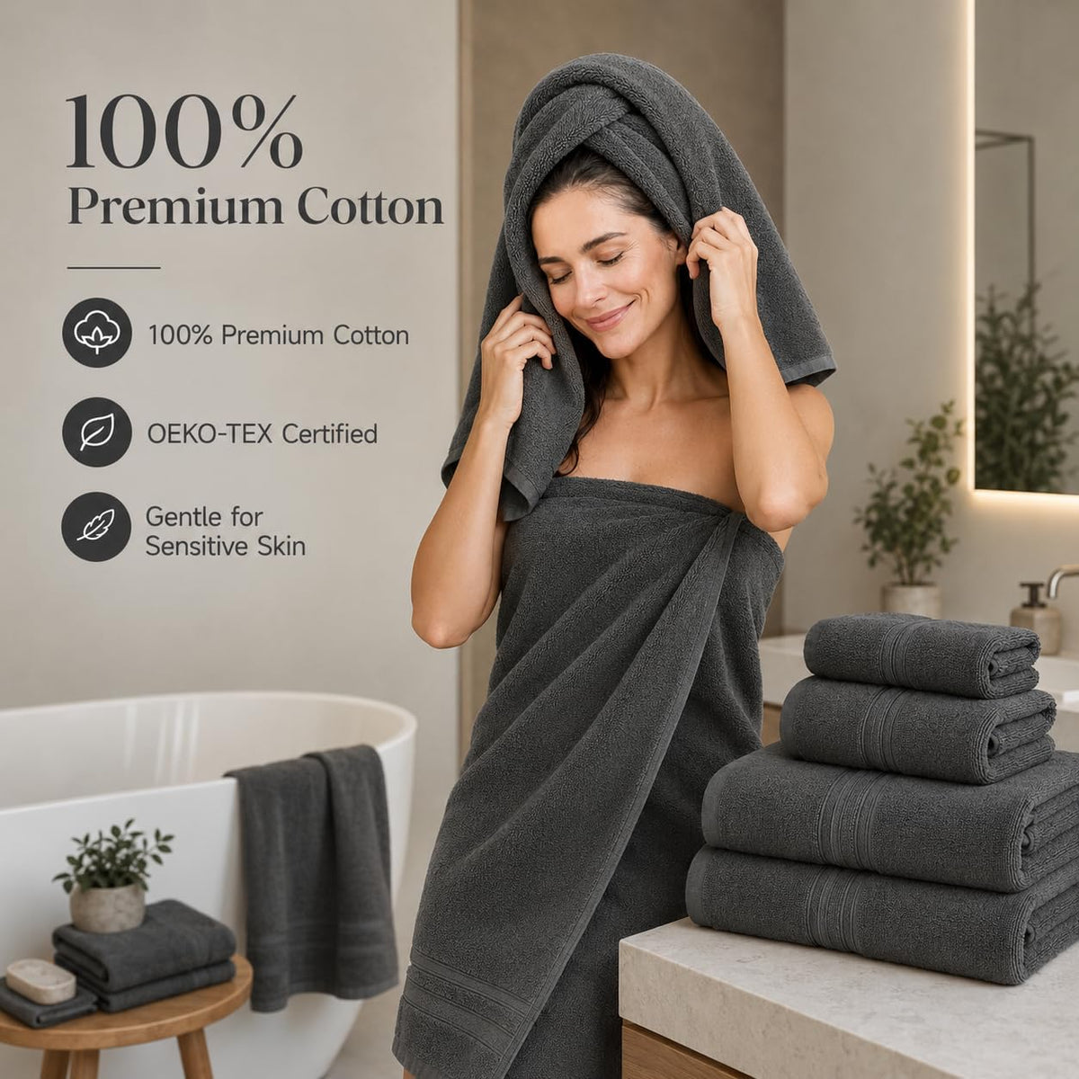 Dark Gray Towels Set 6 Piece Cotton Towel Sets with 2 Bath Towels, 2 Hand, 2 Washcloths, 650GSM Hotel Quality, Soft, Highly Absorbent Towels for Bathroom Gym, Ideal Everyday Use