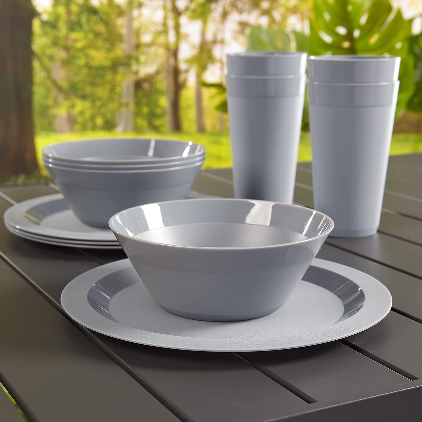 Newport Plastic Plate, Bowl and Tumbler Dinnerware Set for 4 in Grey Stone | 12-Piece Drinking and Dining Set | Reusable, Bpa-Free, Made in the USA, Top-Rack Dishwasher Safe