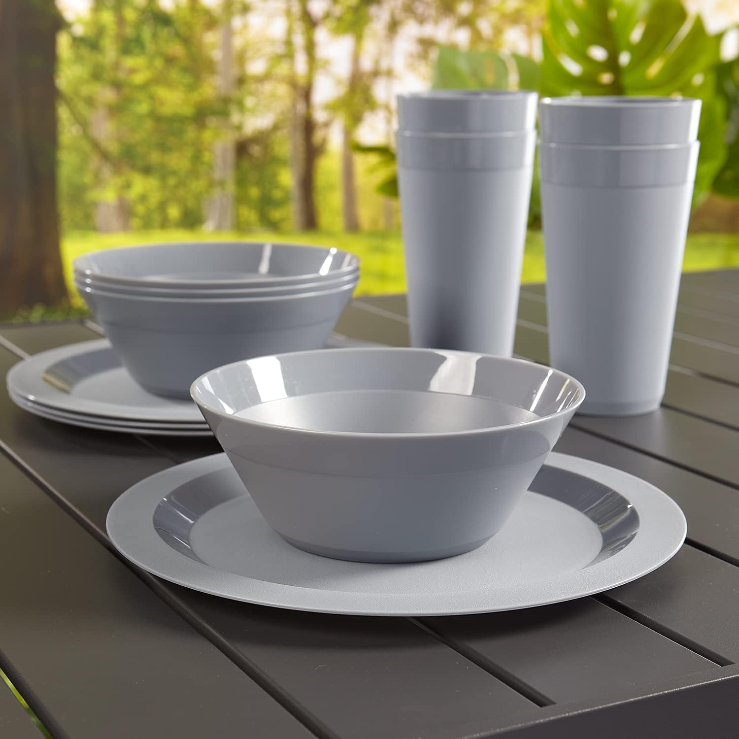 Newport Plastic Plate, Bowl and Tumbler Dinnerware Set for 4 in Grey Stone | 12-Piece Drinking and Dining Set | Reusable, Bpa-Free, Made in the USA, Top-Rack Dishwasher Safe