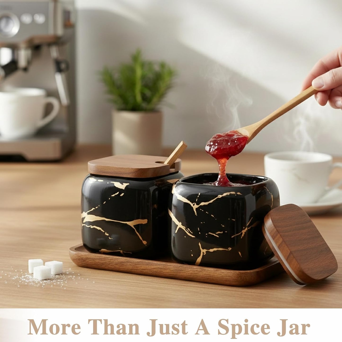 Sets of 2 Marble Ceramic Seasoning Jars Ceramic Sugar Salt Bowl Condiment Pots with Wooden Lids,Wooden Spoon and Wooden Tray (Black)