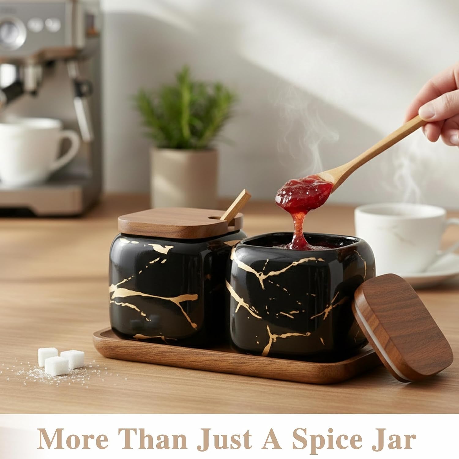 Sets of 2 Marble Ceramic Seasoning Jars Ceramic Sugar Salt Bowl Condiment Pots with Wooden Lids,Wooden Spoon and Wooden Tray (Black)