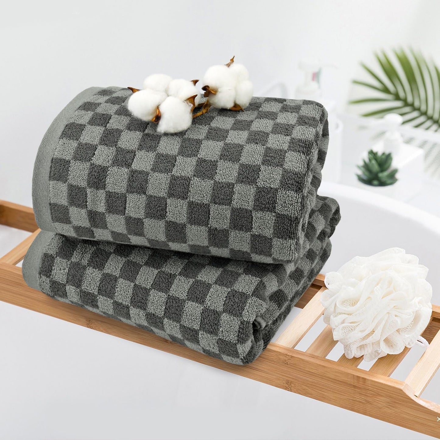 Grey Towels Set of 6, Cotton Towels for Bathroom Quick Drying and Soft, 2 Bath Towels and 4 Hand Towels, Checkered Towel Sets