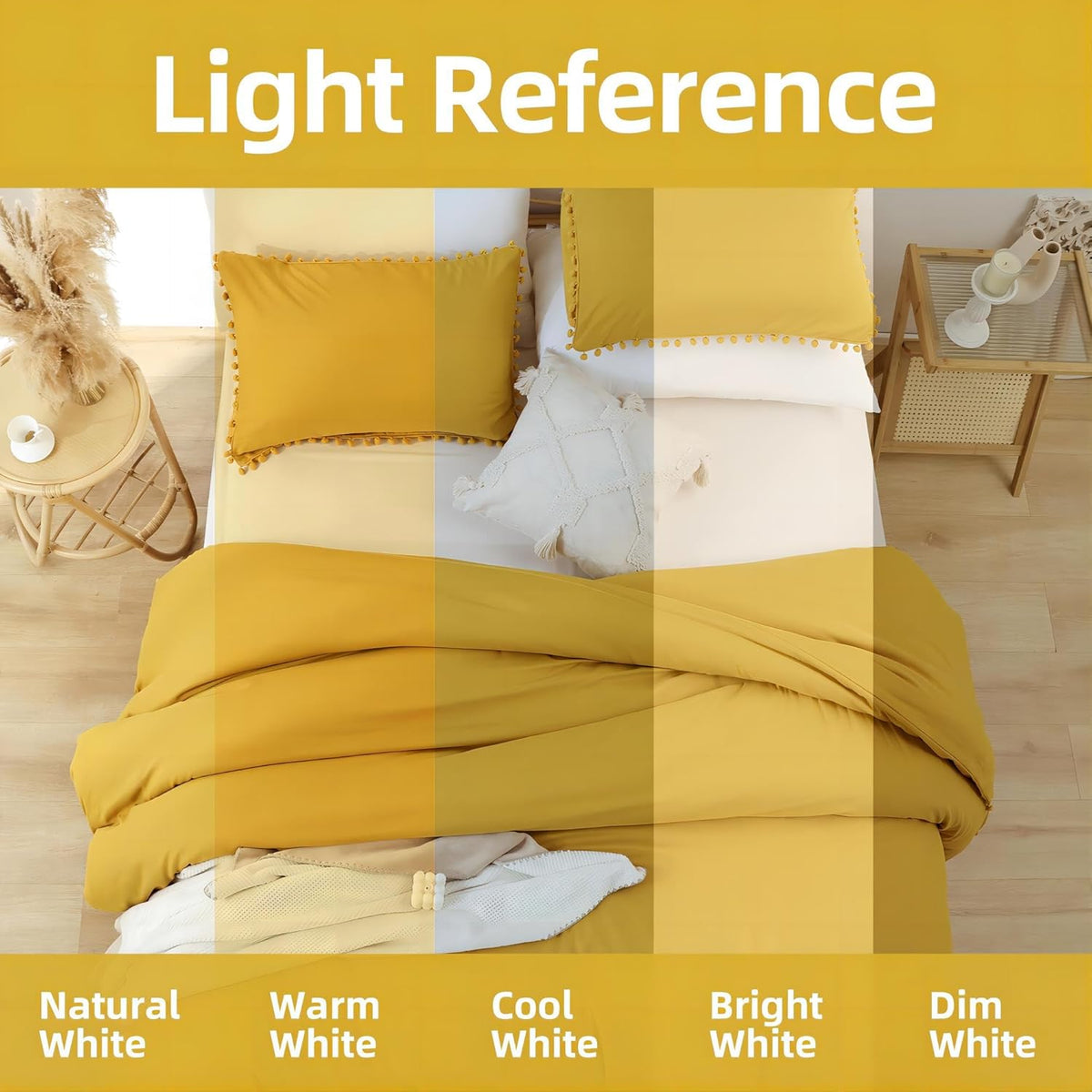 Queen Comforter Set, Mustard Yellow Ball Pom Fringe Bedding 3 Pcs