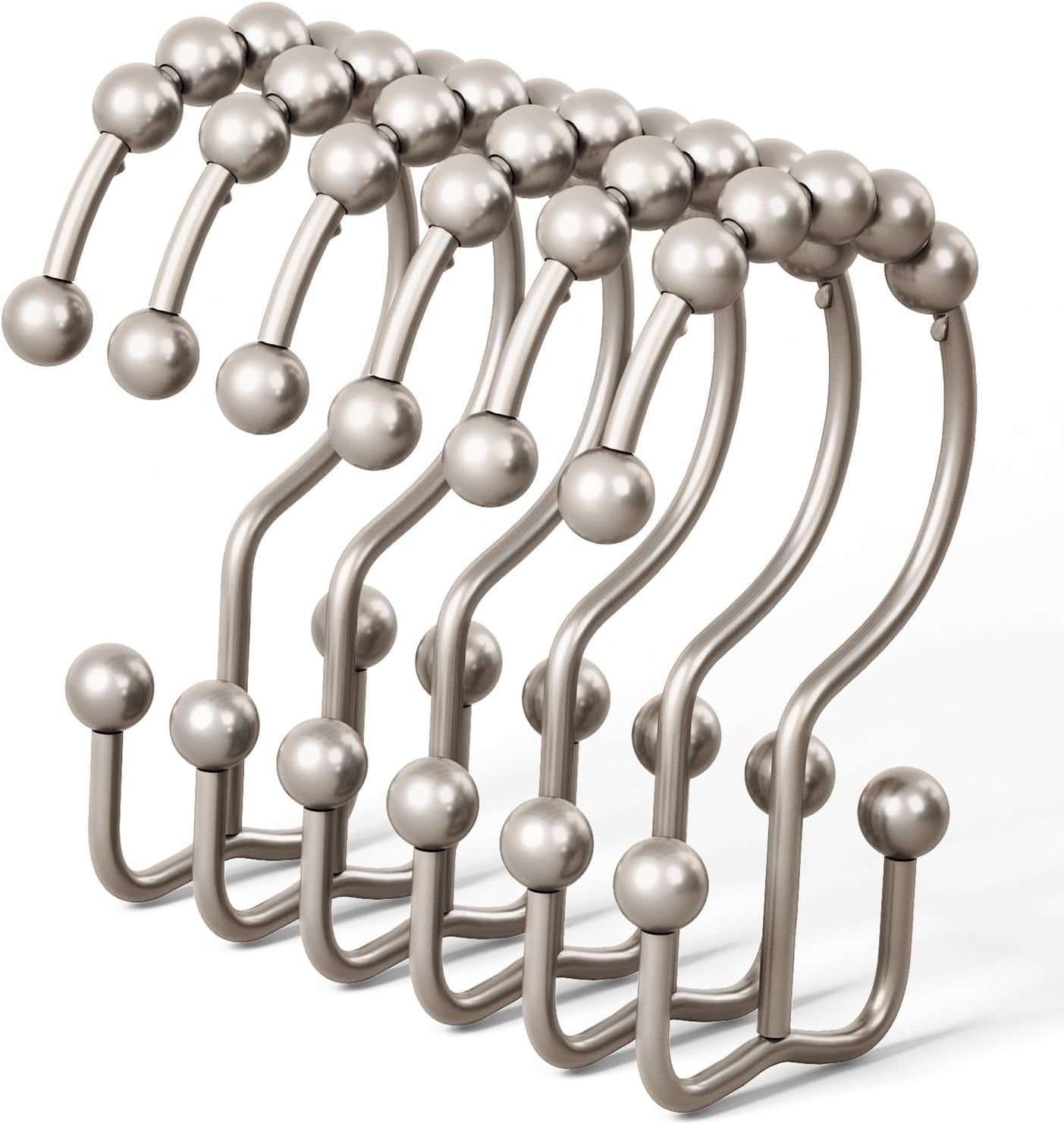 Shower Curtain Hooks, Rust Proof Metal Easy Glide Double Rings, Stainless Steel Hangers for Bathroom Curtains, Set of 12, Brushed Nickel