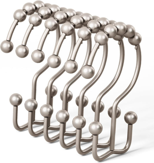 Shower Curtain Hooks, Rust Proof Metal Easy Glide Double Rings, Stainless Steel Hangers for Bathroom Curtains, Set of 12, Brushed Nickel