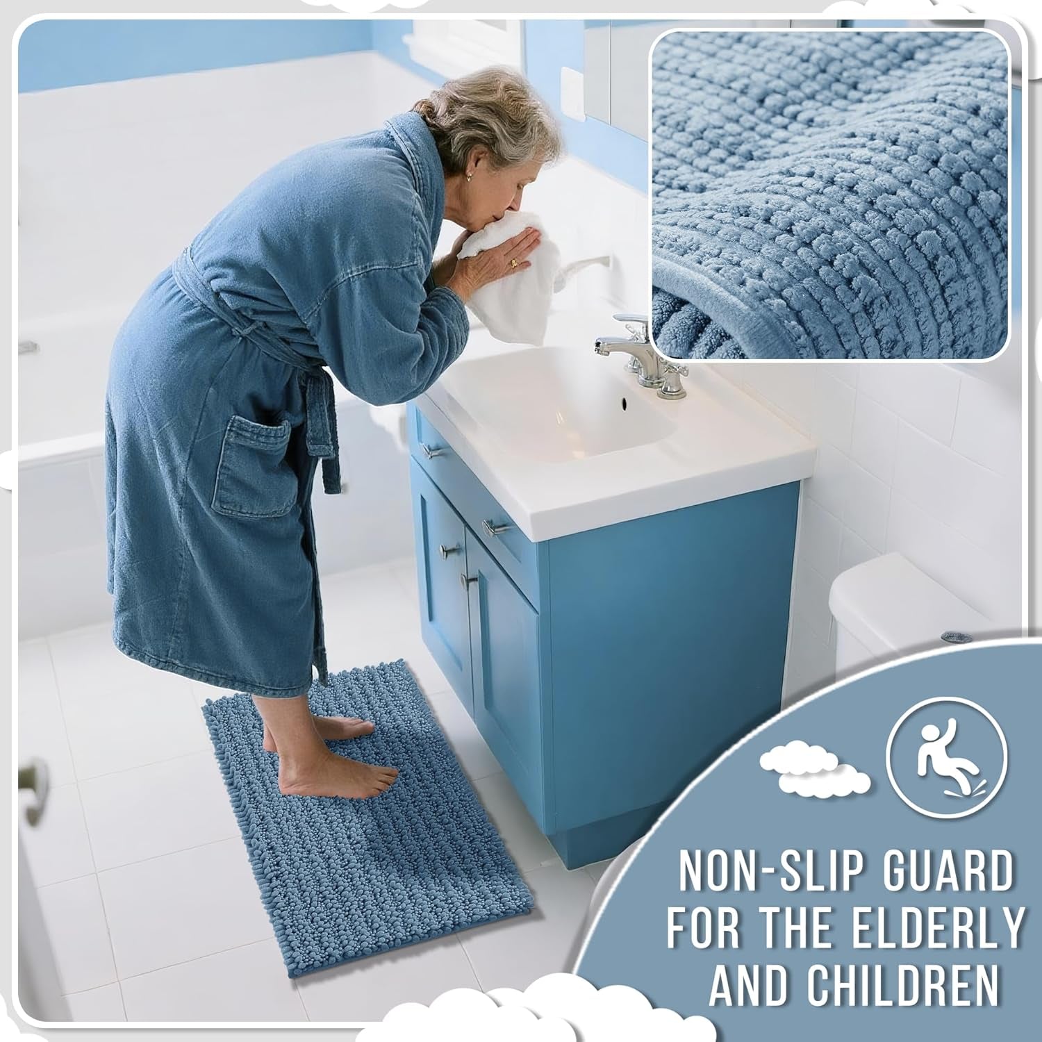 Bathroom Rugs Non Slip Washable 24X17 Inch - Ultra Soft Absorbent Chenille Bath Mat, Quick Dry Shaggy Floor Carpet for Tub Shower, Denim Blue Home Decor Accessories