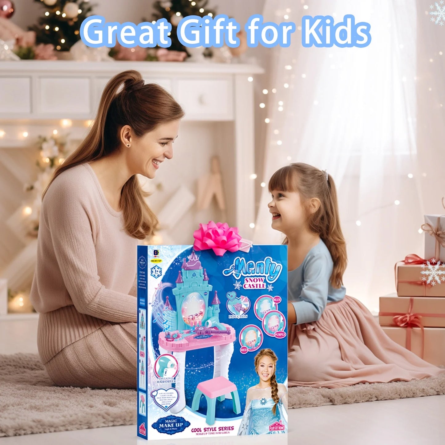 Toddler Makeup Table with Mirror and Chair, Kids Makeup Vanity Set with Accessories and Lights and Music Sounds, Makeup Accessories & Blowdryer for Toddlers 2-5 Years Old