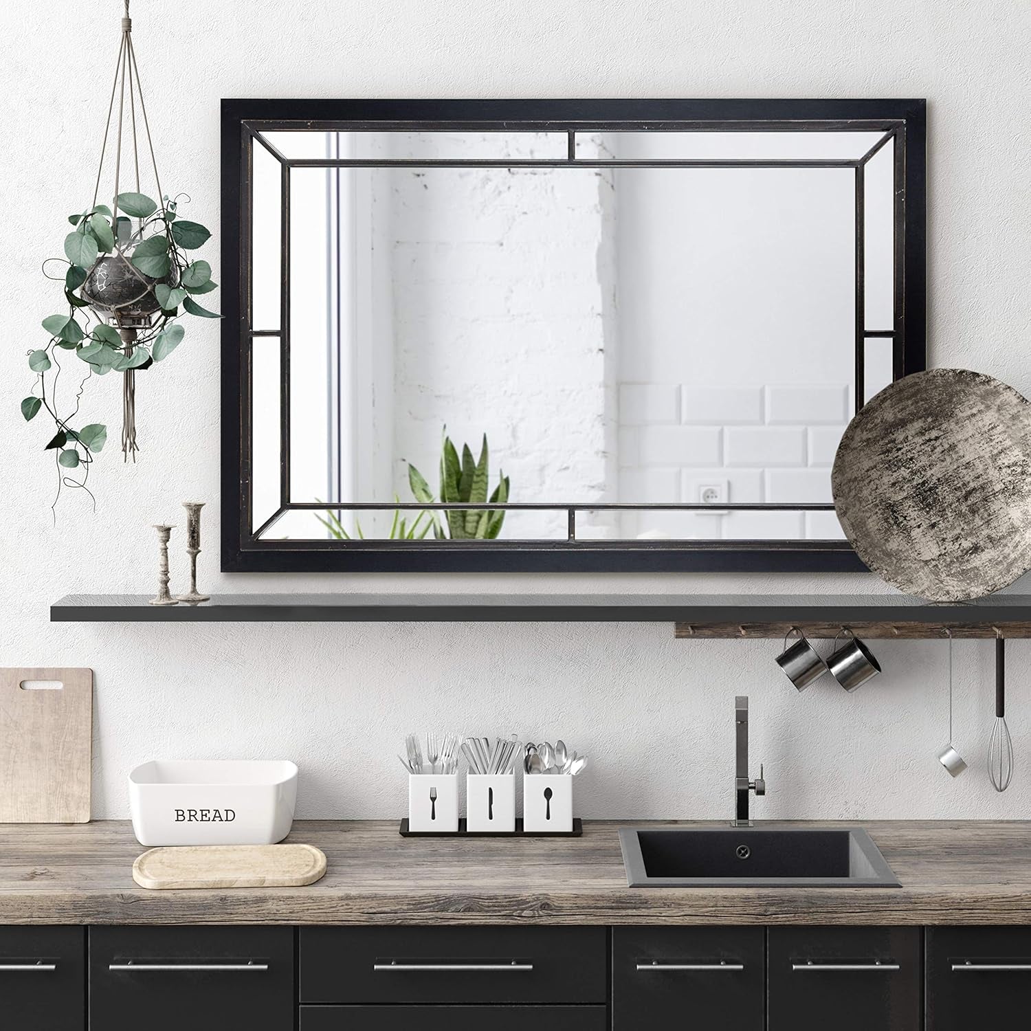 Audubon Farmhouse Wall Mirror, 24 X 36, Black, Decorative Modern Rectangle Mirror for Wall
