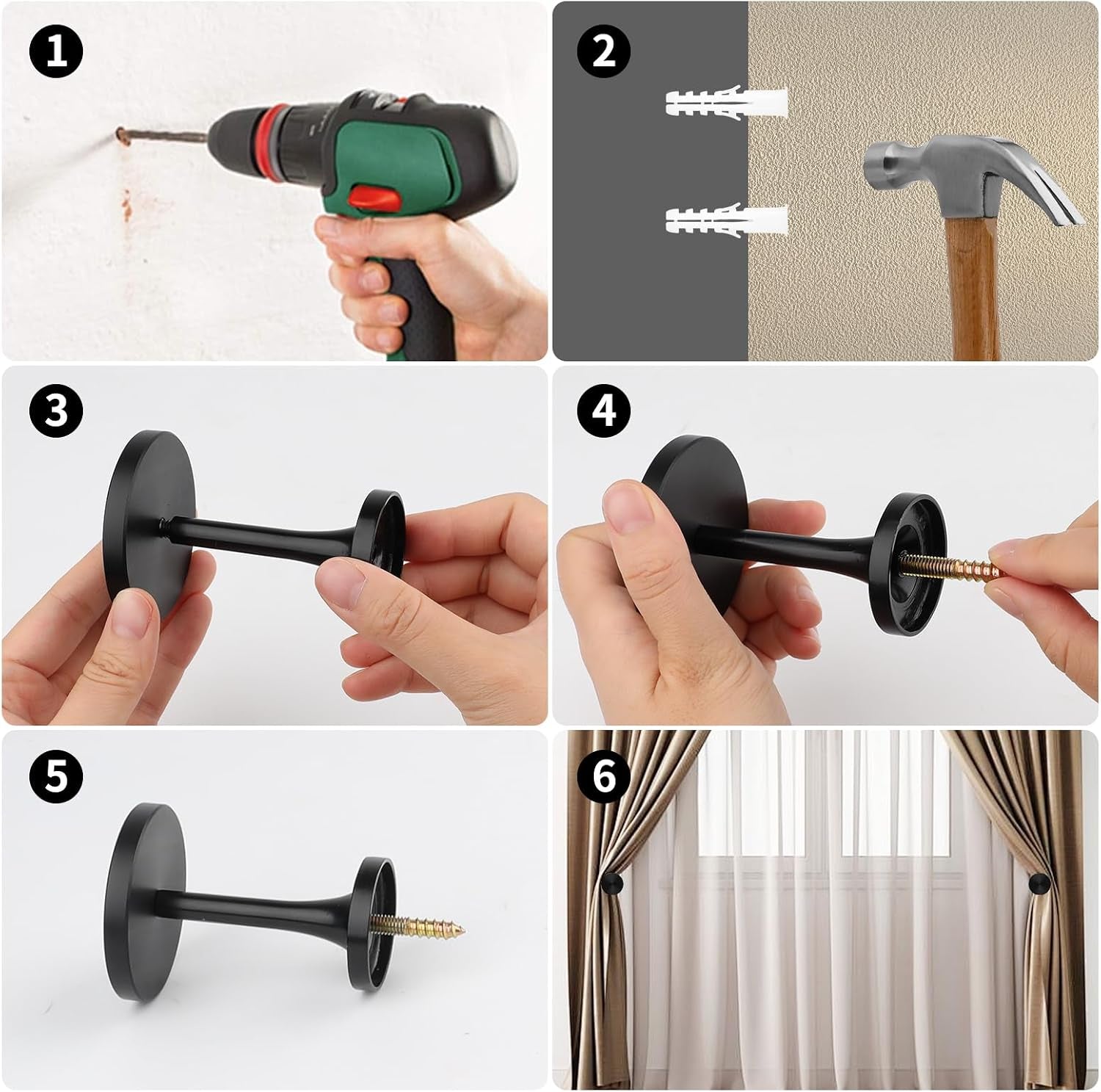 ​2 Pack Black Curtain Tiebacks,Wall Mounted Zinc Alloy Holdbacks with Screws, Decorative Metal Hooks,Curtain Holders for Drapes and Window Treatments in Home or Office