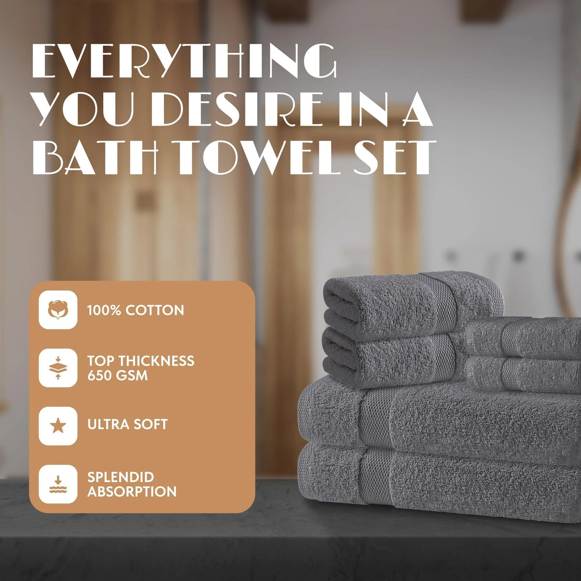 Gray Bath Towel Set of 6 Cotton 100% Highly Absorbent Towels for Bathroom 2 Luxury Bath Towels 650GSM 2 Hand Towels 2 Washcloths