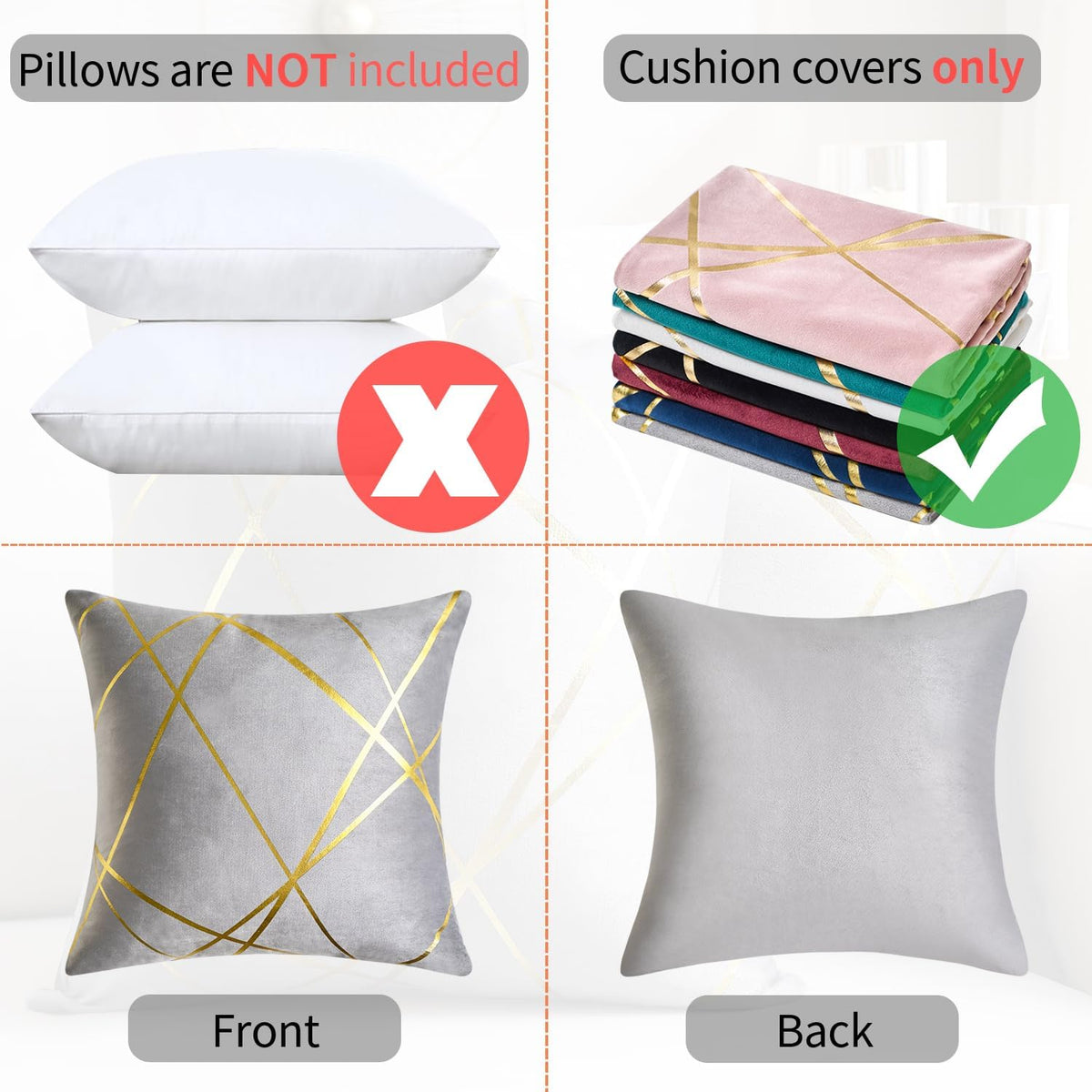 Grey Velvet Decorative Throw Pillow Covers 18X18 Modern Luxury Gold Bronzing Printed Super Soft Decorative Square Cushion Covers for Modern Homes Couch Sofa Bedroom Living Room