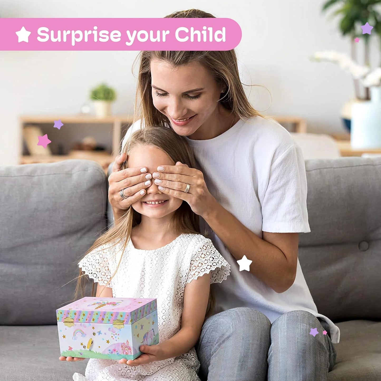 Musical Jewelry Box for Girls with Spinning Unicorn, Glitter Rainbow and Stars Design Music Box for Necklace, Earrings, and Accessories, Plays the Beautiful Dreamer Tune