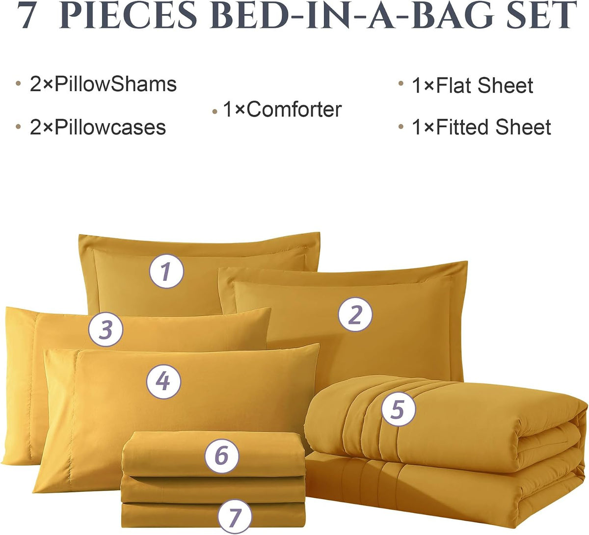 King Size Comforter Set-7 Pieces Yellow Soft Bed in a Bag King Bedding Sets