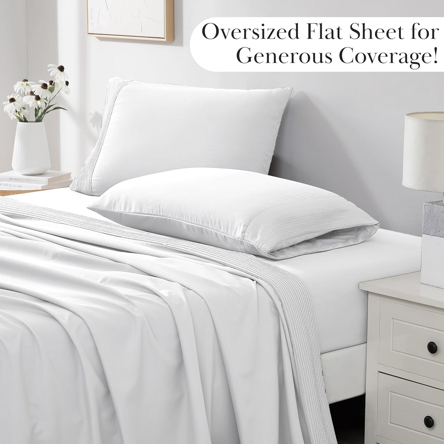 Southshore Fine Living Vilano Pleats, 4-Piece, 21-Inch Extra Deep Pocket Sheet, Queen Sheets with Flat Sheets and Pillowcase, Easy Care and Shrinkage-Free Deep Pocket Sheets, Sheet Set, Bright White