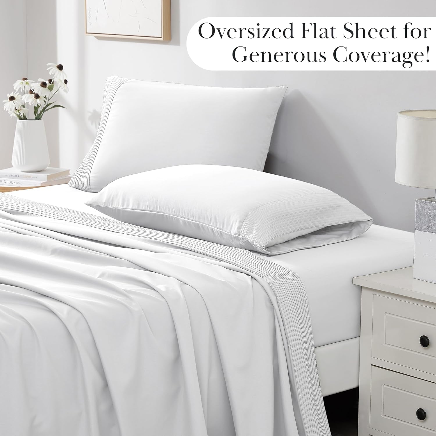 Southshore Fine Living Vilano Pleats, 4-Piece, 21-Inch Extra Deep Pocket Sheet, Queen Sheets with Flat Sheets and Pillowcase, Easy Care and Shrinkage-Free Deep Pocket Sheets, Sheet Set, Bright White
