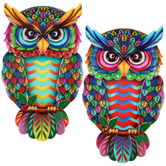 2 Pcs Metal Owl Wall Decor 10 Inches Metal Outdoor Wall Art Colorful Hanging Wall Sculptures