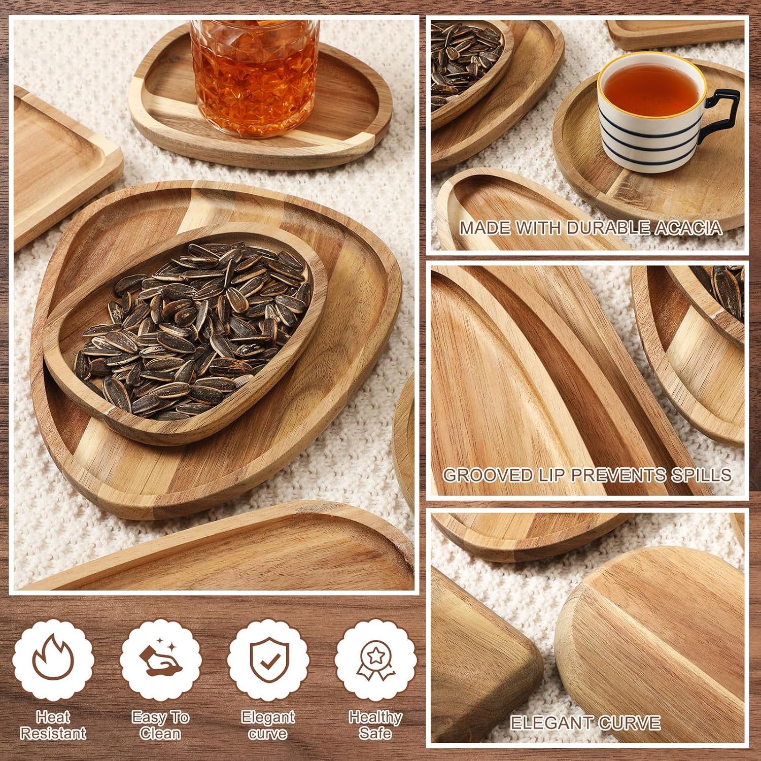 Set of 10 Acacia Wood Serving Platter and Trays Multi Shape Wood Plates Serving Tray Acacia Wooden Charcuterie Board for Cookie Dessert Coffee Wedding Housewarming Gift(Classic Style)