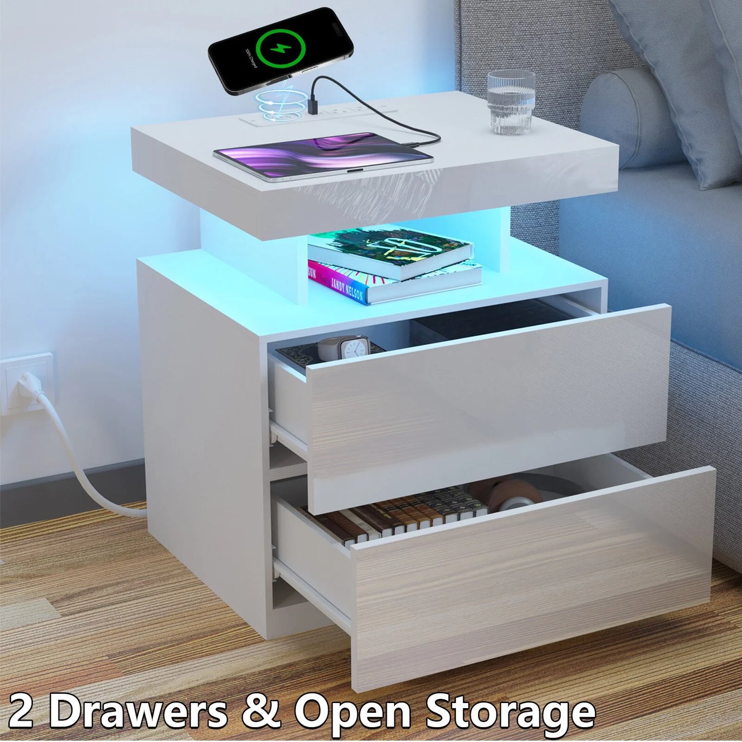 LED Nightstand with Wireless Charging Station Modern Nightstand Type C USB Port 2 Drawers Bedside Table White Smart Night Table High Gloss End Side Table for Bedroom Furniture 22.3" Tall