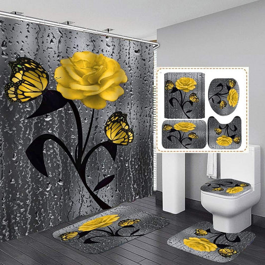 4Pcs Yellow Shower Curtain Set with Rugs Waterproof Soft Bathroom Set with Non-Slip Rugs Toilet Lid Cover Bath Mat Polyester Fabric Shower Curtains for Bathroom Decor and Gifts