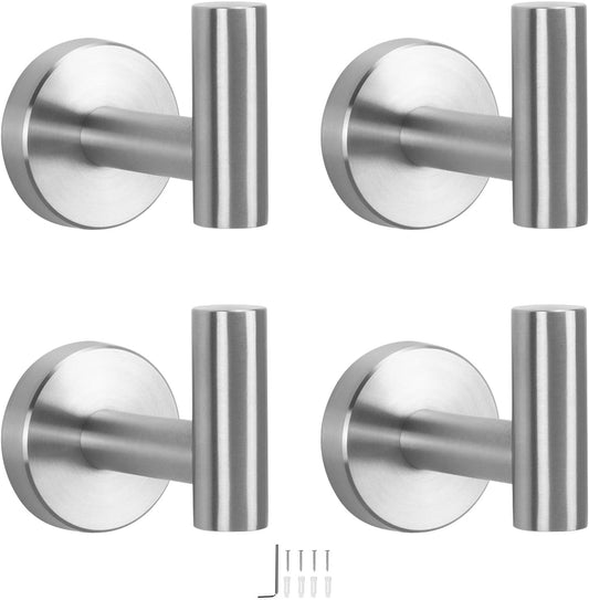Bath Towel Hooks- SUS 304 Stainless Steel Robe Hook Holder, Heavy Duty Coat Hook for Bathroom Livingroom Hotel Kitchen Garage, Wall Mounted- 4 Pack (Brushed Nickel)