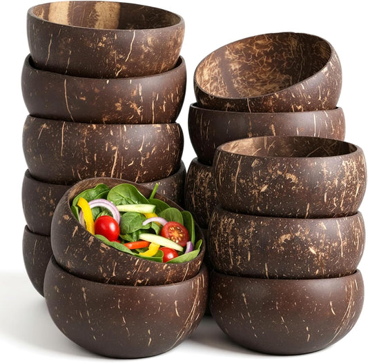 14 PCS Natural Coconut Shell Bowls, Polished Coconut Bowls, Polished Wooden Bowl for Acai Organic Salad Vegan Gifts Rustic Kitchen Decor, Diameter 3.7-4.5 Inch
