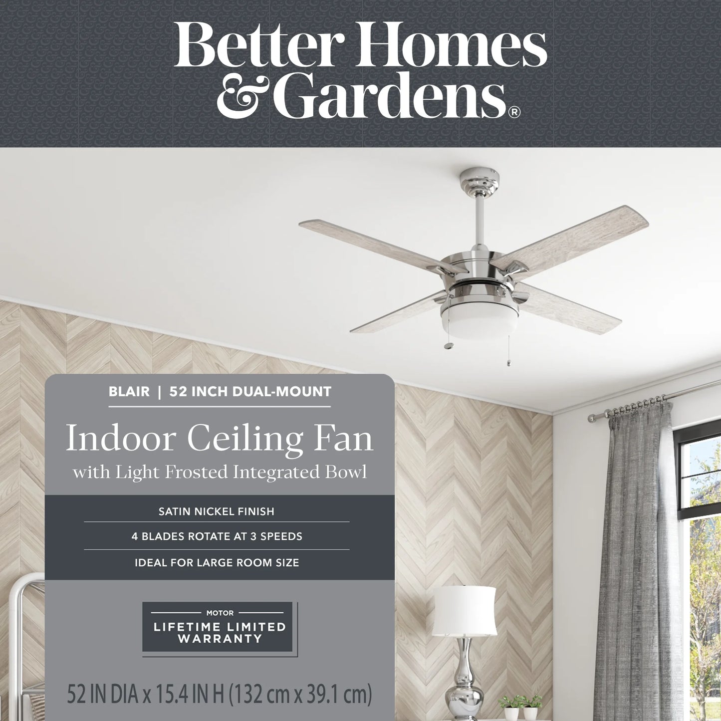 Blair 52" Nickel Modern Indoor Ceiling Fan with Light, 4 Blades, Pull Chains & Reverse Airflow